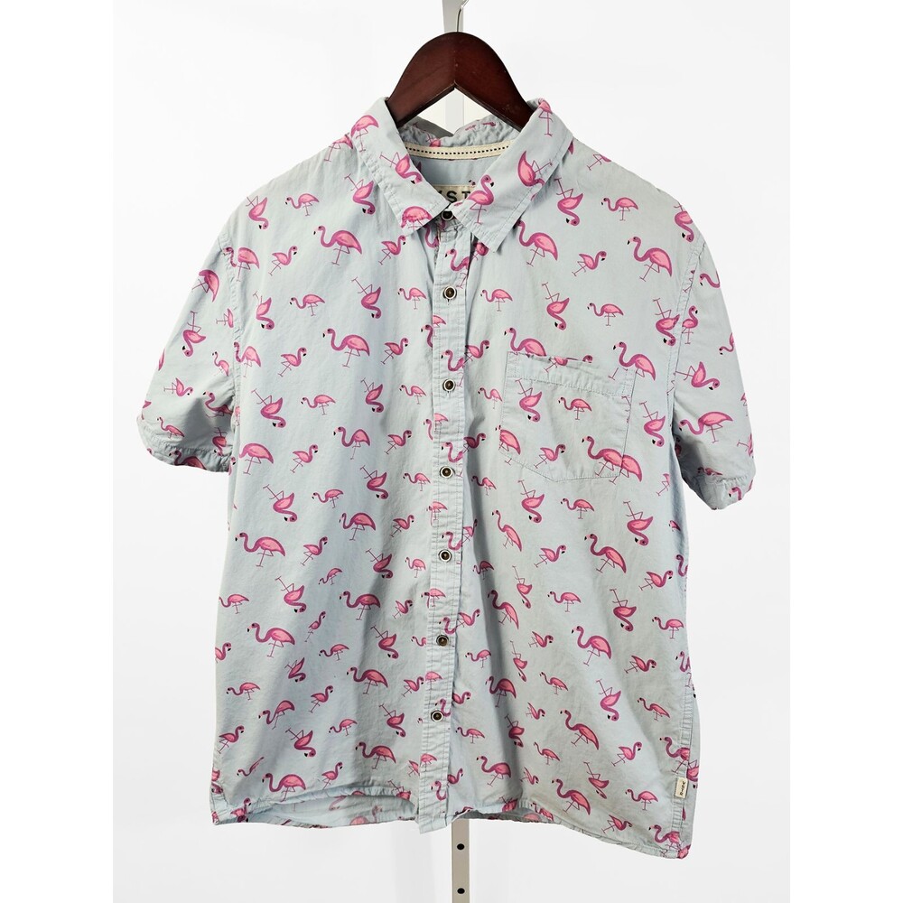 VSTR Large Men's Blue Pink Flamingo Short Sleeve Button Down Shirt
